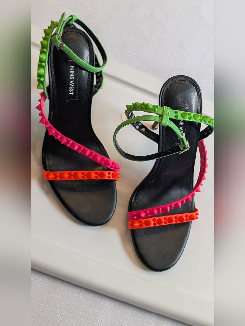 NINE WEST Neon Studded Multi-Strap Stiletto Heels - Size 6.5M